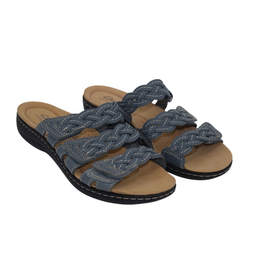 Clarks Collection Slide Sandals Womens 9 Blue Excellent Braided Triple Strap‎